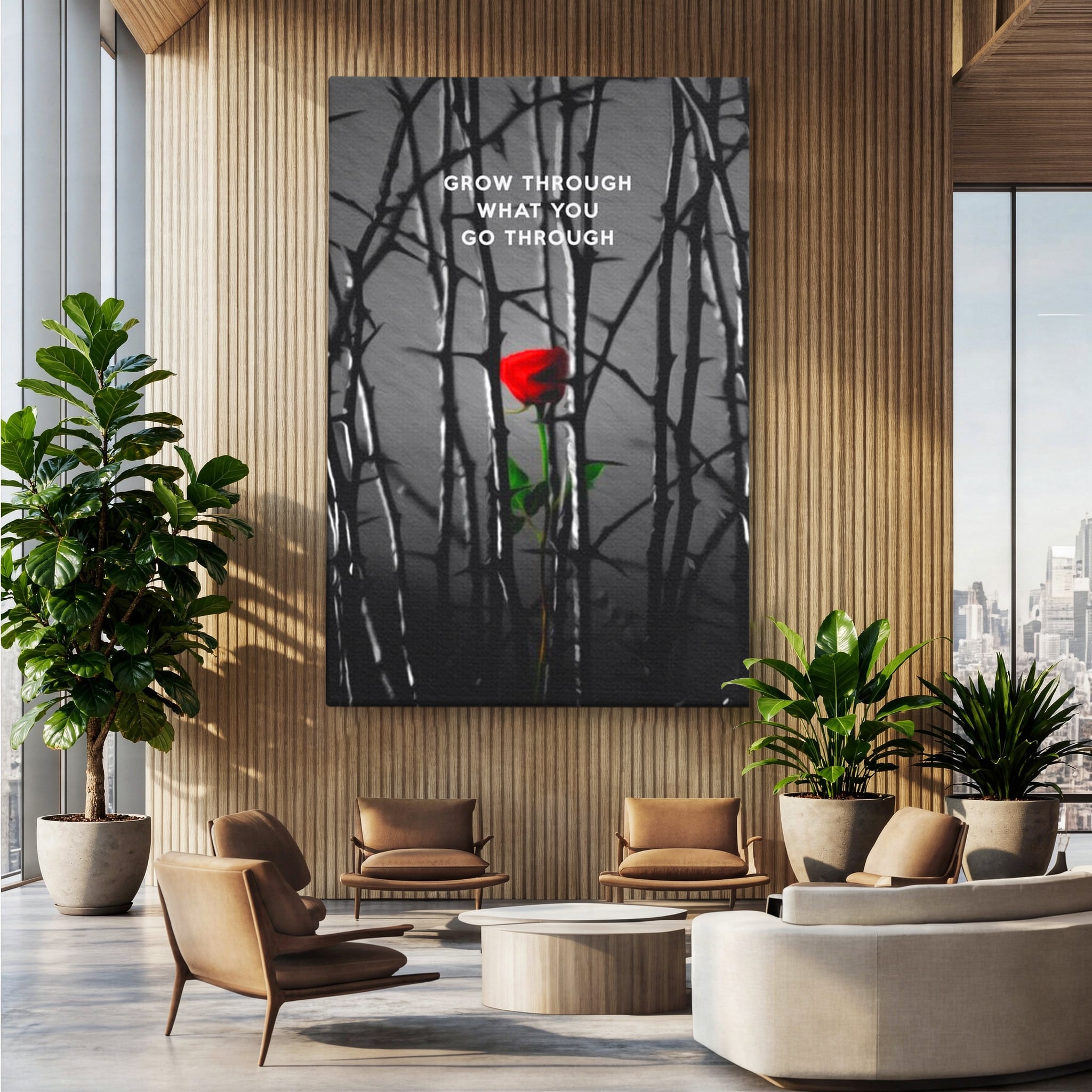 Tablou canvas cu tablou motivational cu trandafir rosu si spini, fara rama, pe sasiu de lemn, pe perete intr-un birou